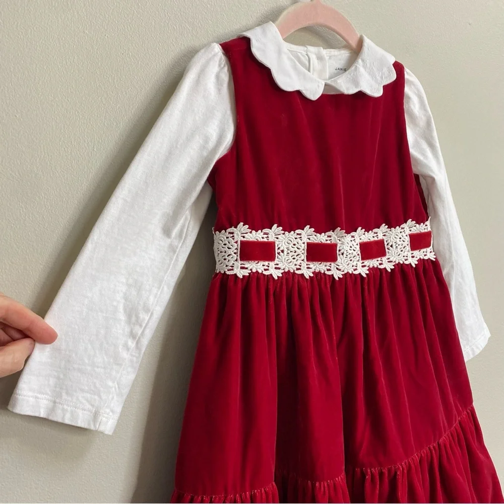 Janie And Jack Red Velvet Holiday Dress With Scallop Collar Top Size 3